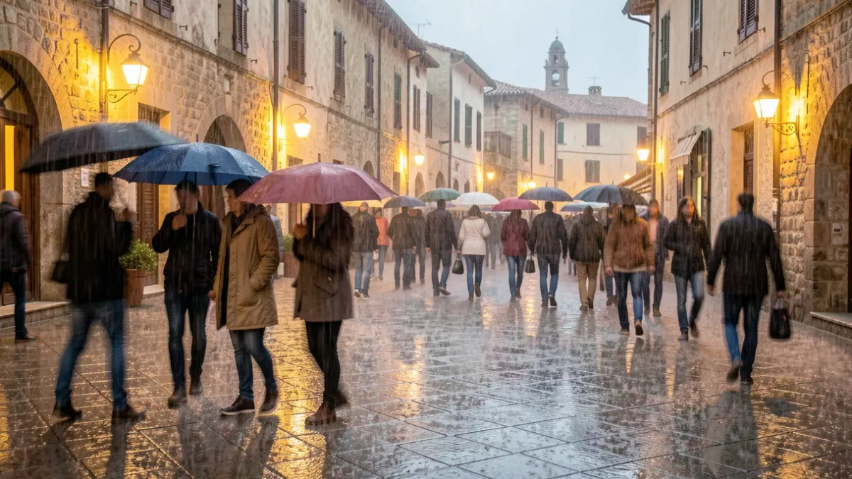Lluvia intensa sobre una plaza de pueblo mediterráneo con gente buscando refugio.
