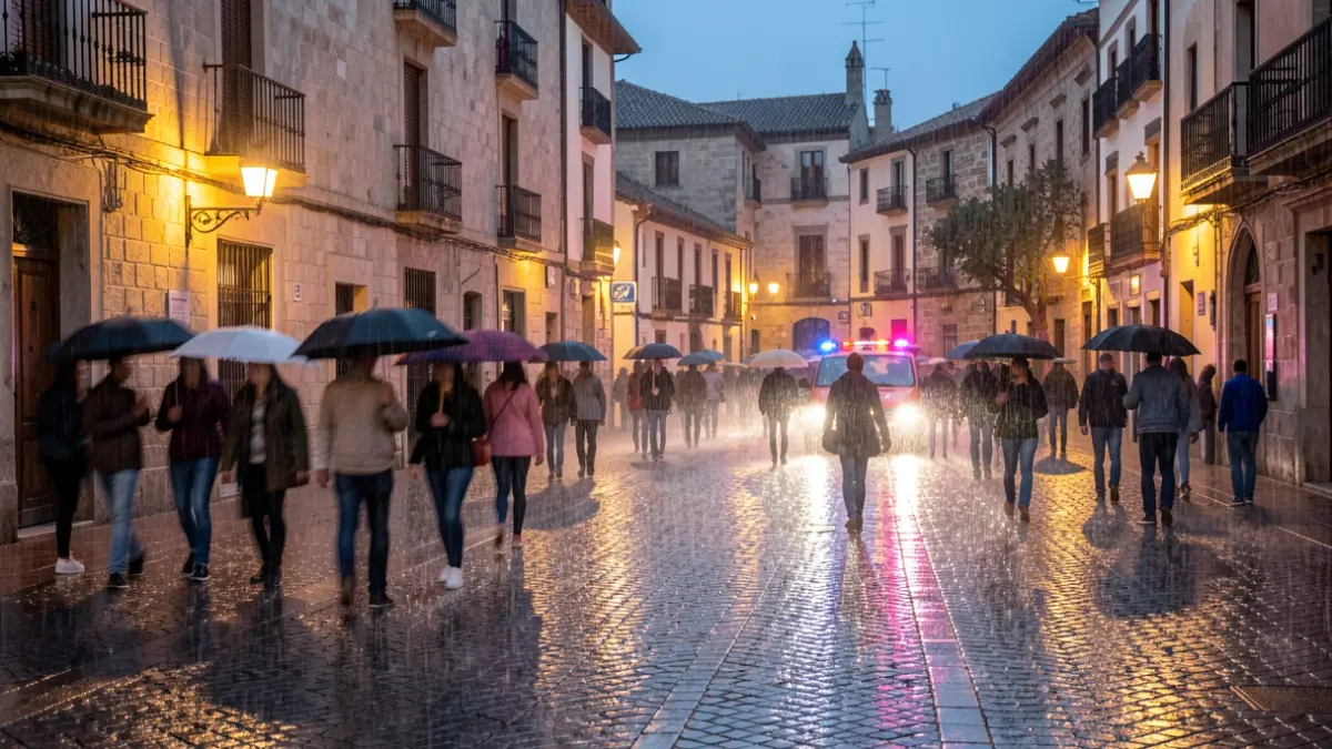 Lluvia intensa al atardecer en una plaza de Catalunya con figuras borrosas y luces de emergencia.