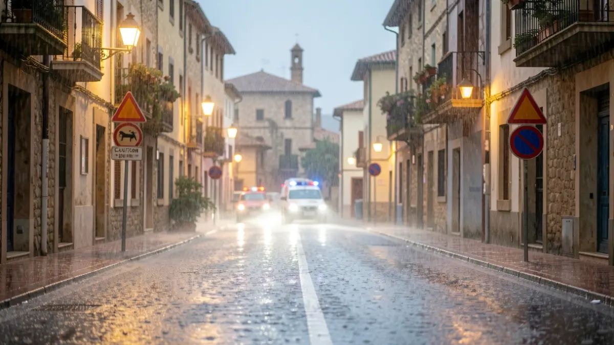 Generic image of heavy rain in Sant Pere de Vilamajor with blocked roads.