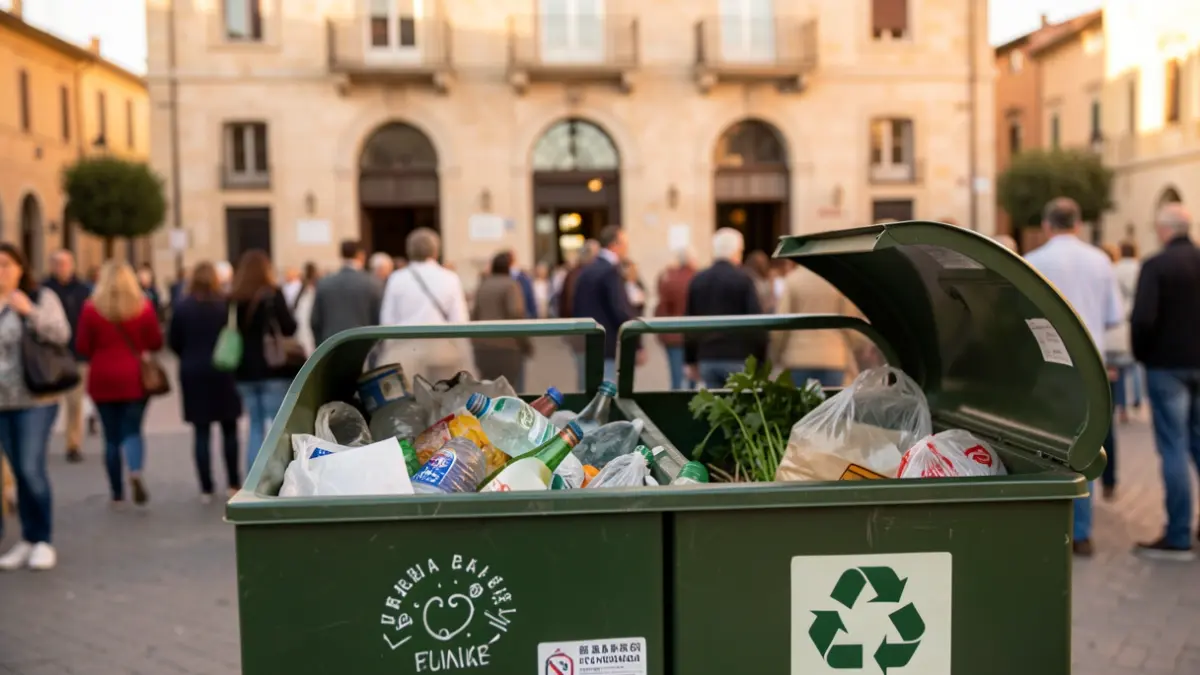 Generic image of recycling bins with different waste fractions, in front of a town hall facade.