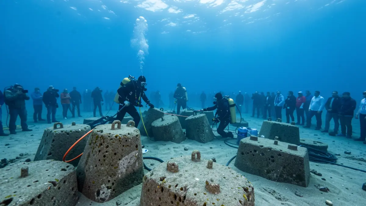 Generic image of old concrete blocks being removed from the seabed by divers.