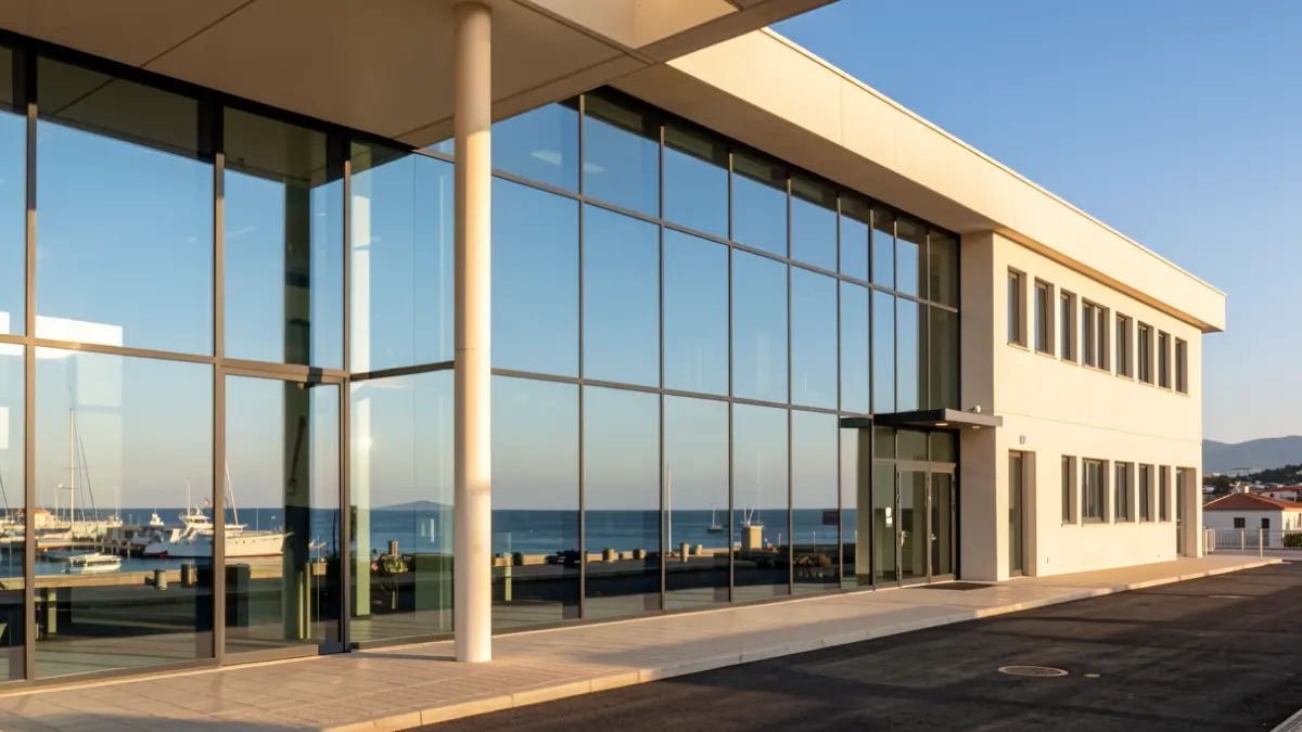 Imatge genèrica d'un edifici institucional modern amb grans finestrals de vidre que reflecteixen el cel blau i el mar, situat en una ciutat portuària mediterrània.