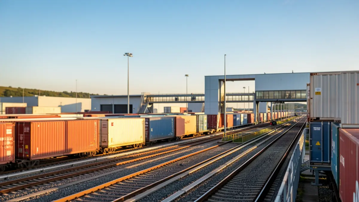 Imatge genèrica d'una terminal intermodal amb contenidors i vies de tren.