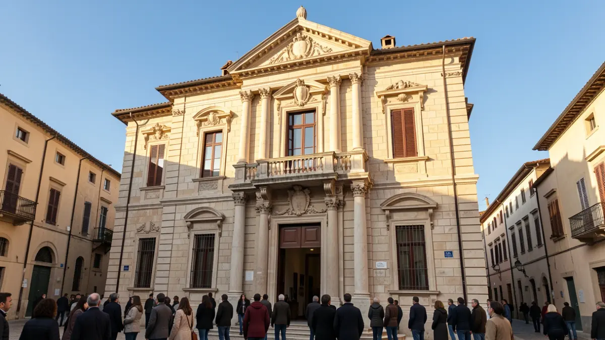 Fachada de un ayuntamiento mediterráneo con balcón y detalles de piedra bajo luz solar cálida.