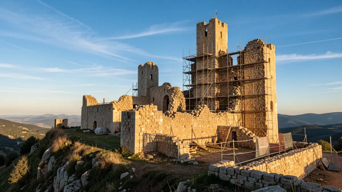 Generic image of ancient castle ruins with restoration elements in a Catalan rural setting.