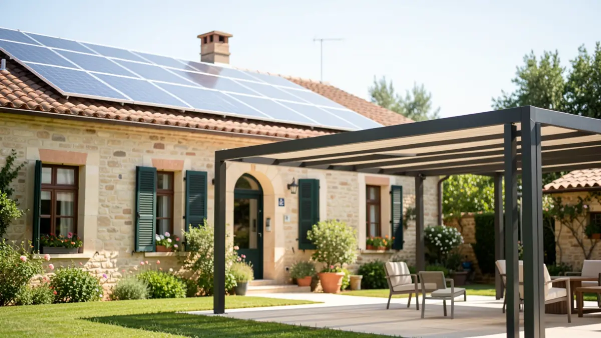 Generic image of solar panels installed on a municipal roof and a modern pergola providing shade.