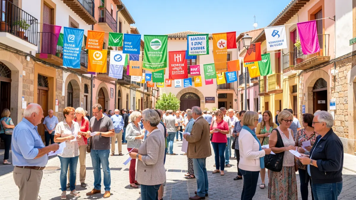 Generic image of a Catalan town square with citizens voting in a participatory process.