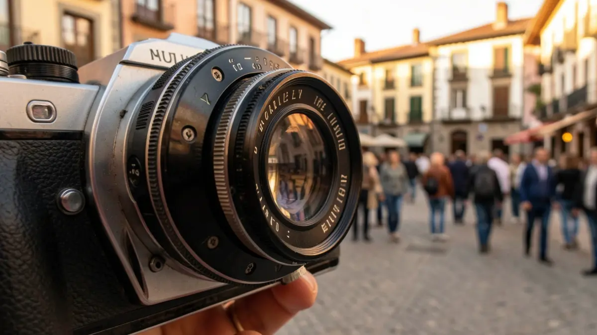 Generic image of an old camera lens with a blurred background of a traditional Catalan town square.