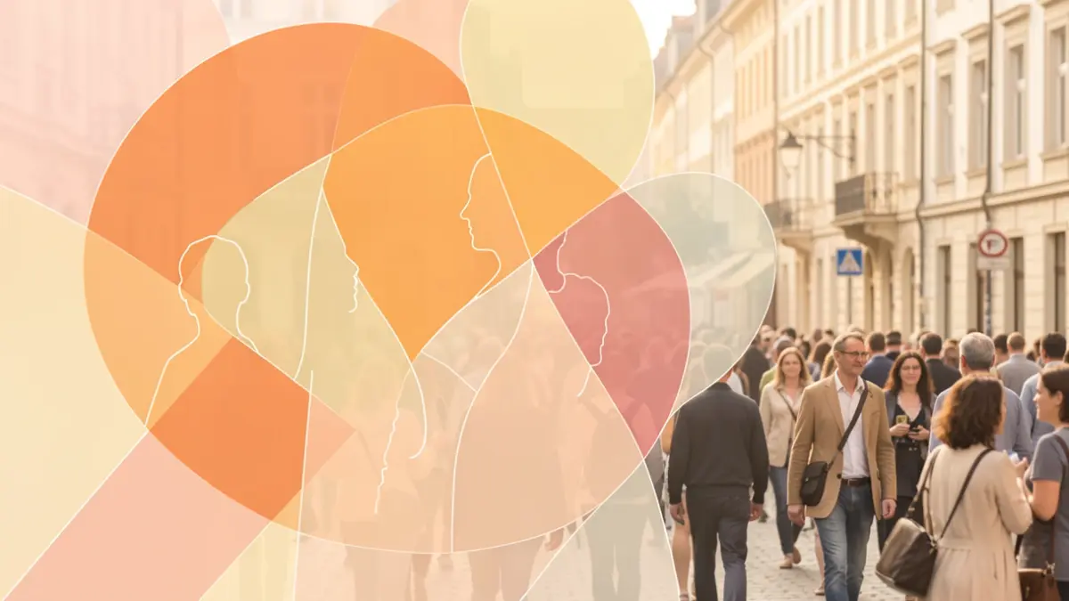 Generic image of overlapping geometric shapes in warm, soft colors with blurred human silhouettes.
