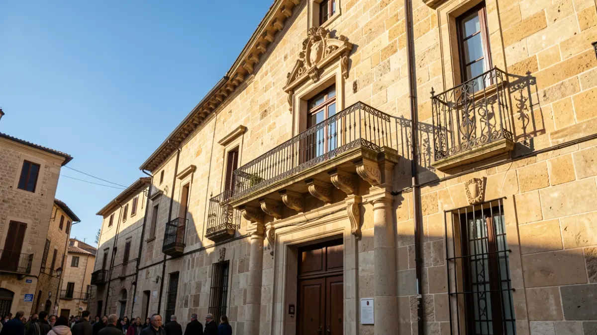 Facade of the Ripoll Town Hall with a balcony and blue sky.