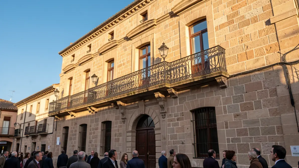 Facade of a Catalan stone town hall with a balcony and sunlight.