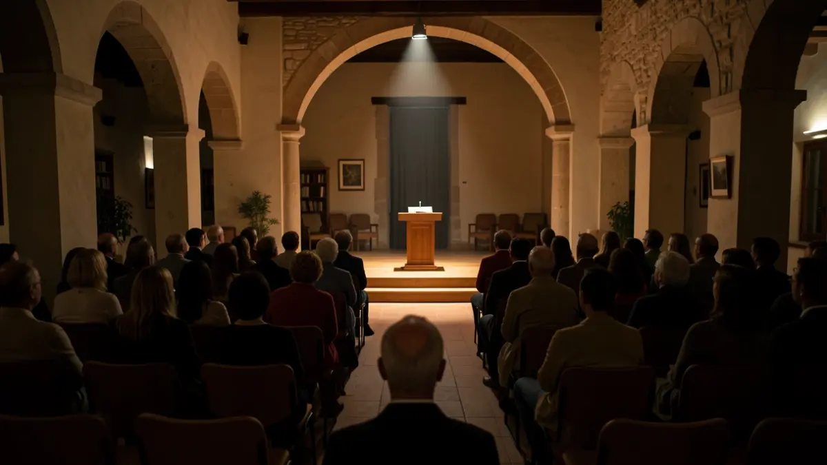 Cultural center hall with empty chairs and an illuminated lectern.