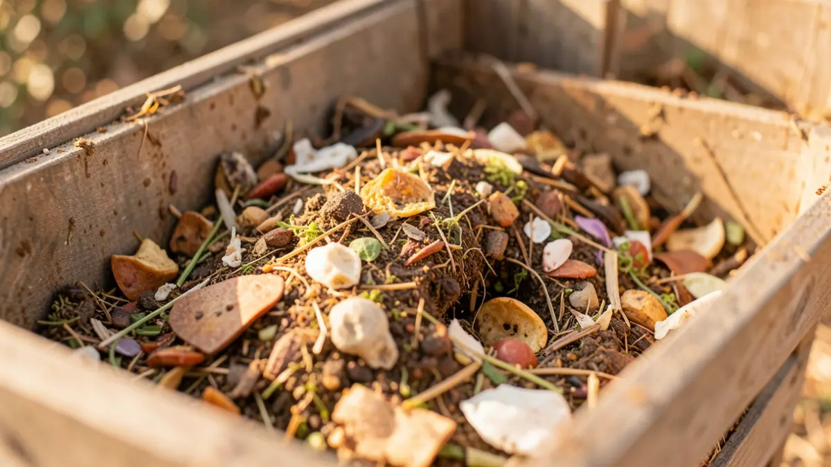 Generic image of compost in process inside a community bin, with visible organic matter and warm light.