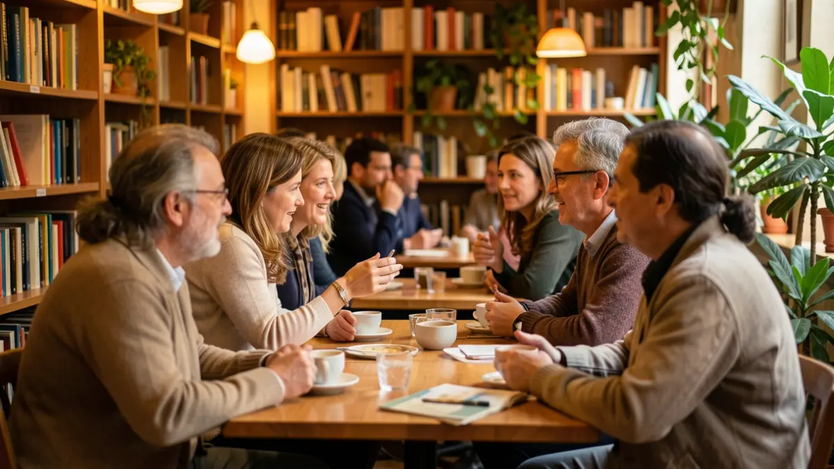 Imagen genérica de diversas personas conversando en un bar acogedor en Cataluña, con estanterías y plantas al fondo.