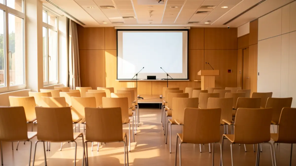 Conference room in a hospital in Igualada with empty chairs.