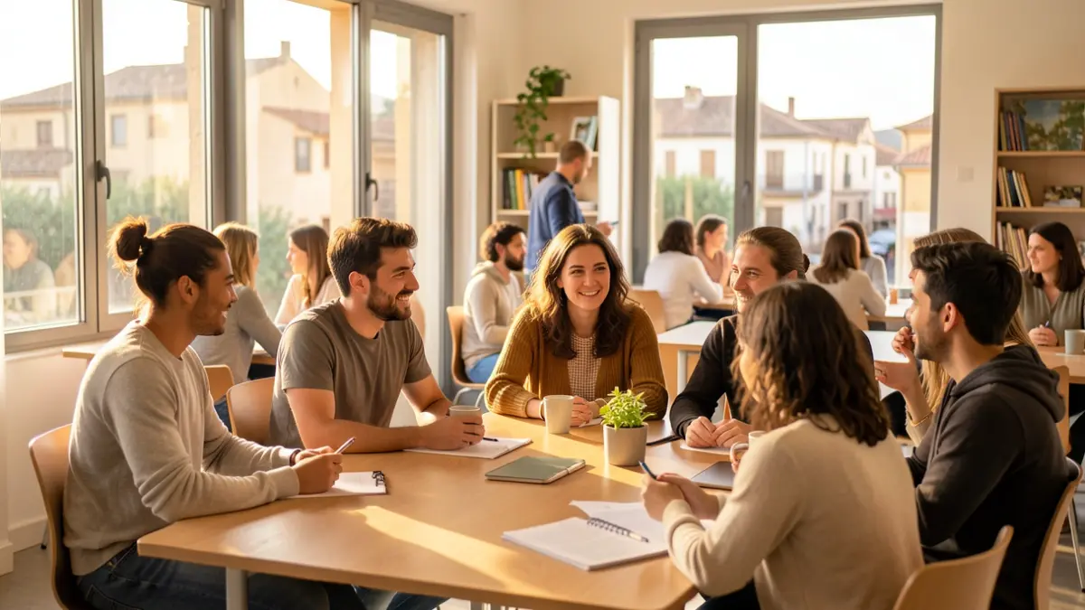 Grup divers de joves i mentors participant en un projecte social a Catalunya.
