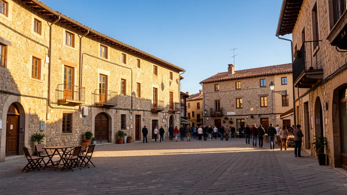 Plaça d'un poble català amb arquitectura tradicional sota la llum del sol de la tarda.