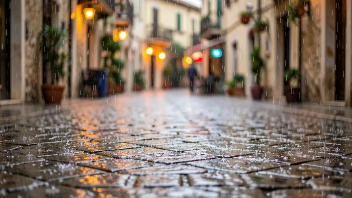Pluja intensa sobre un carrer empedrat a Catalunya.