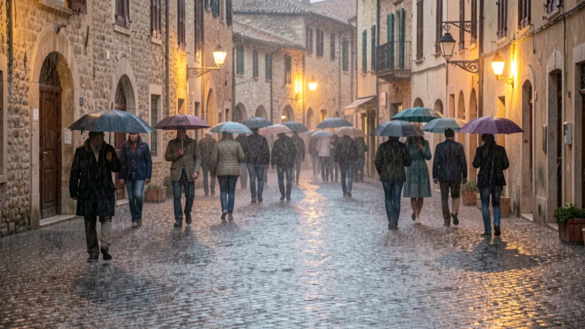 Heavy rain in a Catalan square with wet streets and streetlights.