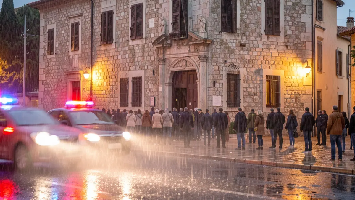 Pluja intensa sobre la façana d'un ajuntament mediterrani amb llums d'emergència.
