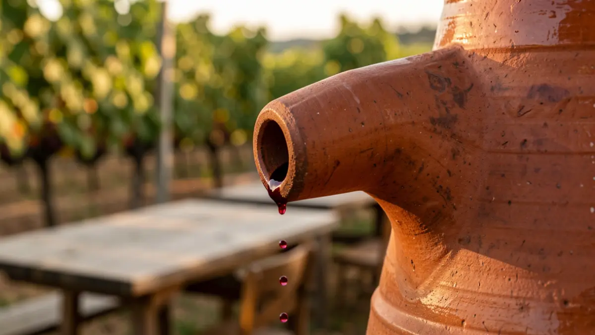 The spout of a wine jug with foaming wine, surrounded by vineyards and rustic tables in the late afternoon light.