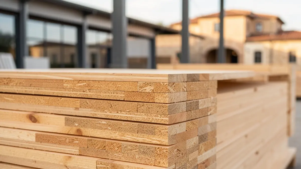 Imagen genérica de paneles de madera contralaminada (CLT) apilados en una nave industrial moderna.