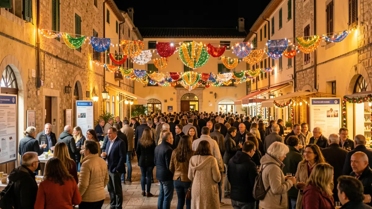Festive night atmosphere in a Mediterranean square with information points.