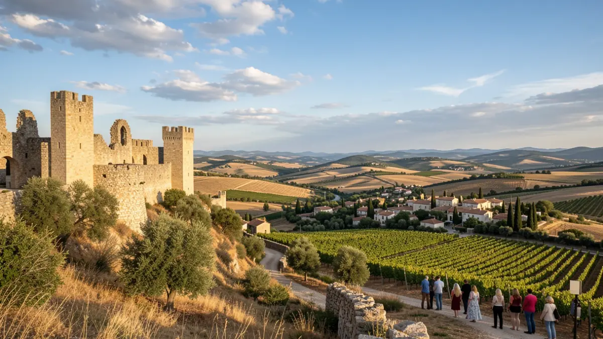 Imatge genèrica de ruïnes d'un castell antic en un turó amb vinyes al voltant.