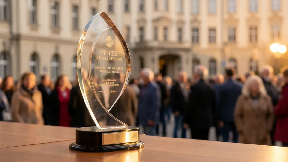 Generic image of a medical award on a desk, with a blurred hospital building in the background.