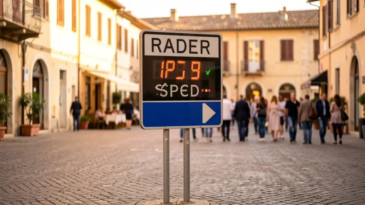Imagen genérica de un radar pedagógico en una plaza de pueblo con luz de tarde.