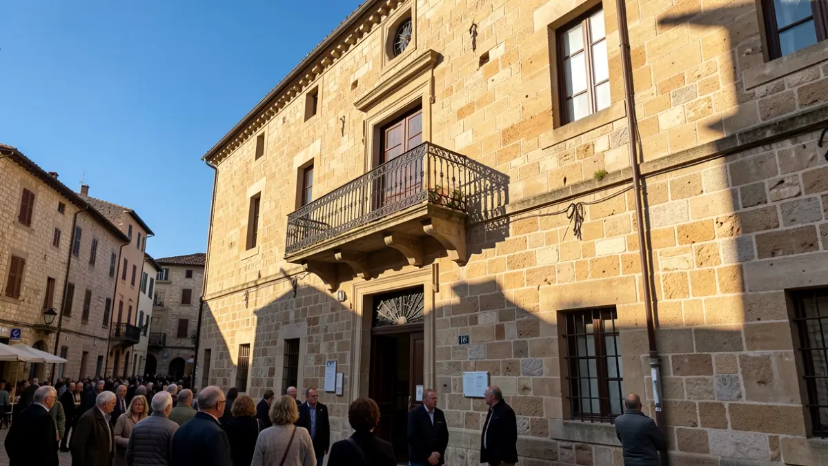 Façana d'un ajuntament de pedra amb balcó i cel blau.