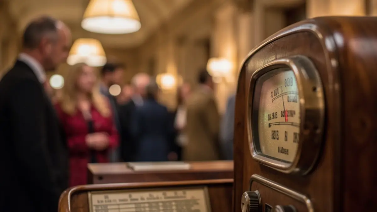 Imagen genérica de un dial de radio antiguo con señales estáticas y nombres de emisoras difusos, iluminación ambiental cálida, poca profundidad de campo.