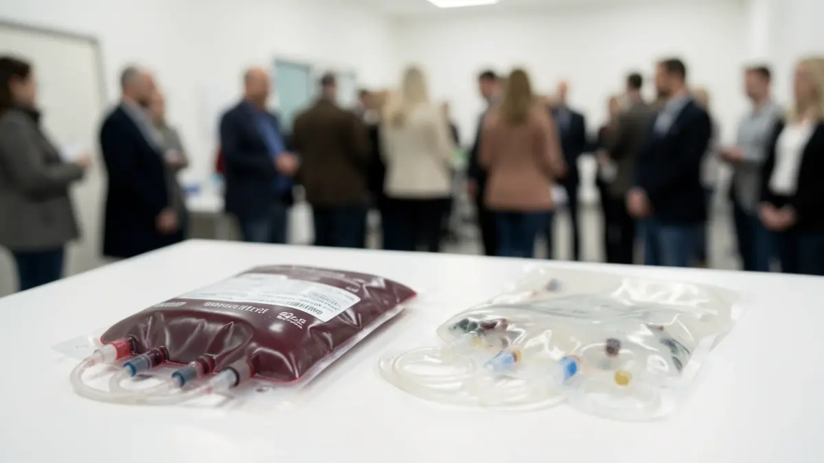 Imagen genérica de bolsas de sangre y plasma en un entorno médico.