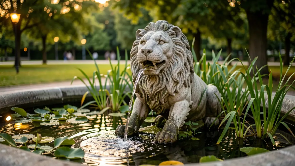 Generic image of an ornamental fountain with aquatic vegetation and underwater lighting.