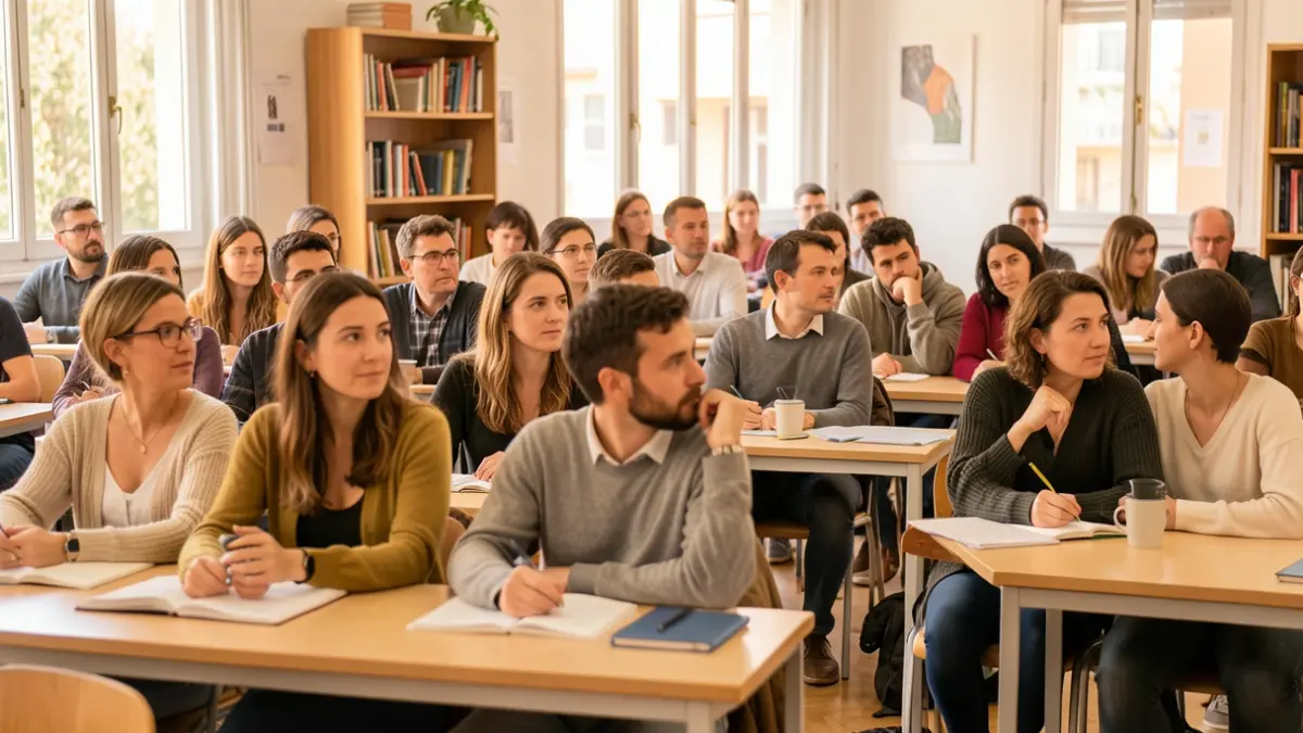 Imatge genèrica d'un grup divers d'estudiants adults en una aula moderna a Catalunya, amb llum natural càlida.