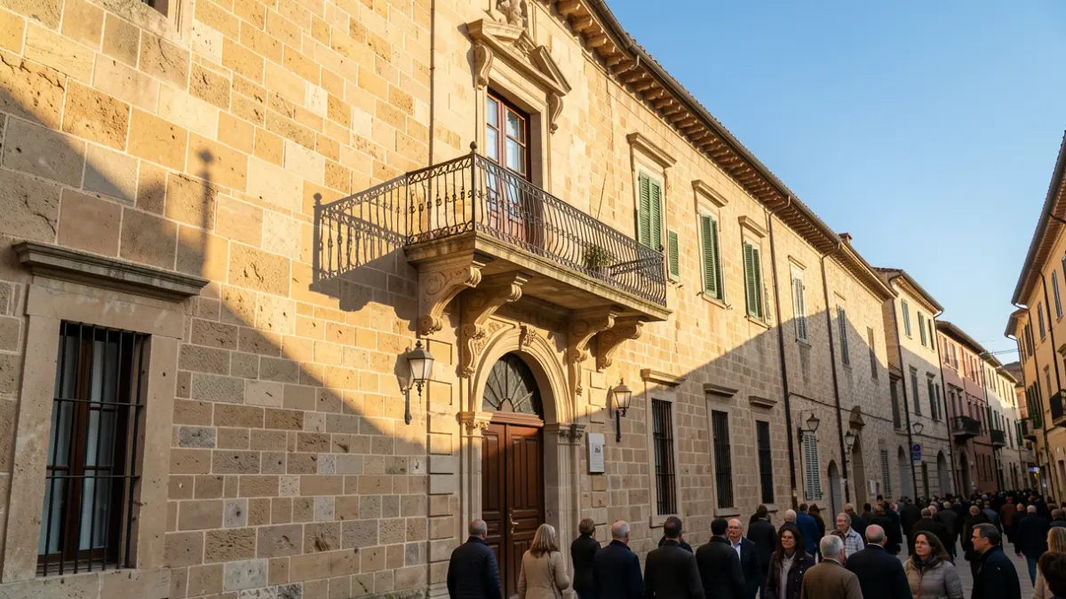 Stone facade of a Mediterranean town hall with a balcony and iron railings, warm afternoon light.