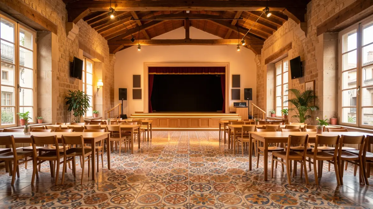 Renovated interior of the Agricultural and Social Center with a new stage and flooring.