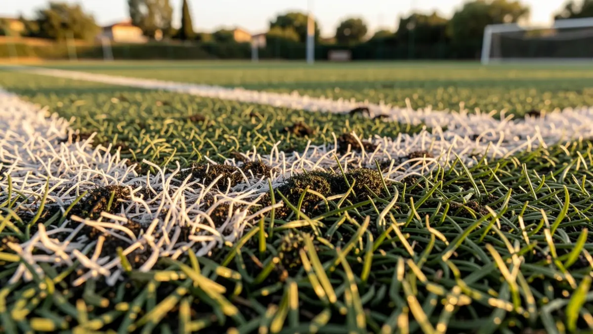 Detalle del césped artificial deteriorado de un campo de fútbol.