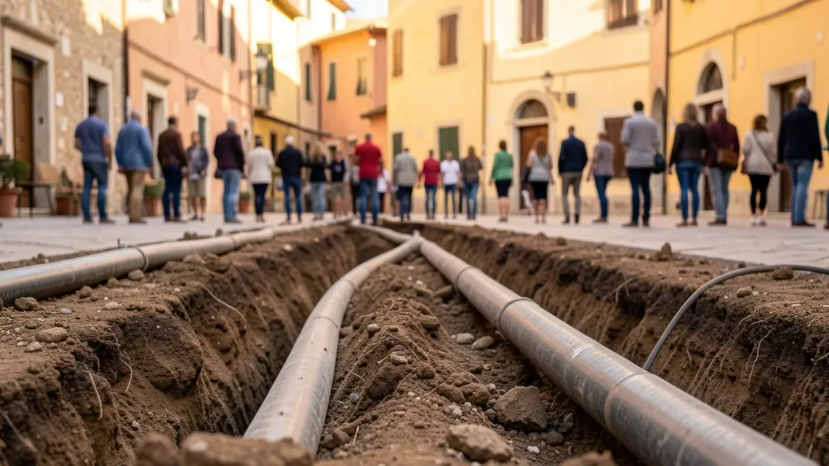 Generic image of construction pipes being laid underground in a Mediterranean town square.