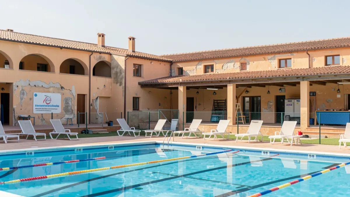 Generic image of a municipal sports complex with a swimming pool and activity rooms, showing signs of water damage and ongoing repairs.