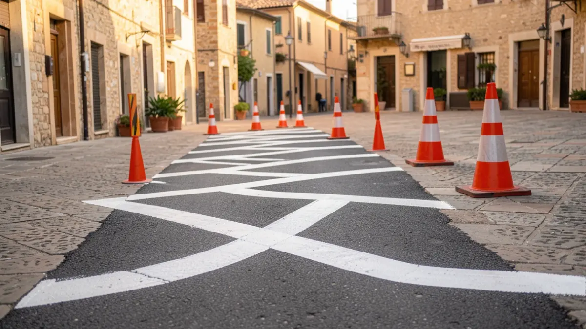 Imatge genèrica de treballs de pintura viària en una plaça amb senyalització horitzontal nova i fitons.