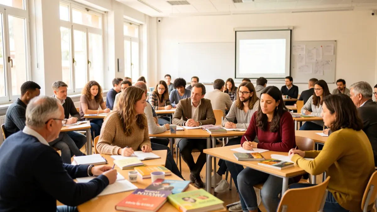 Adult students participating in a Catalan language class in Les Garrigues.
