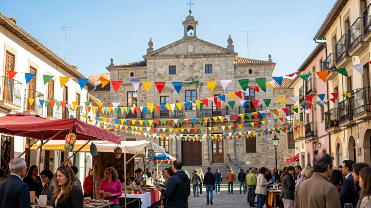 Imatge genèrica d'una plaça de poble català durant una festa major, amb decoracions i l'ajuntament al fons.