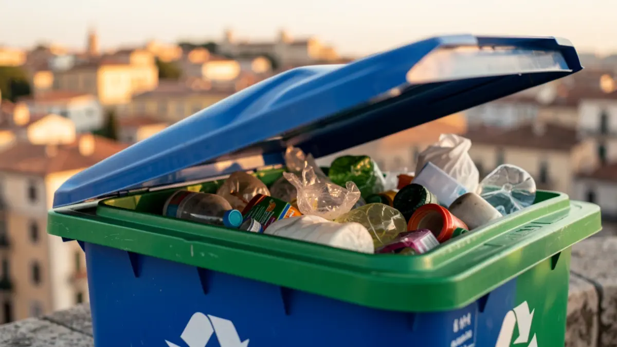 Recycling bins with sorted waste in Barcelona.