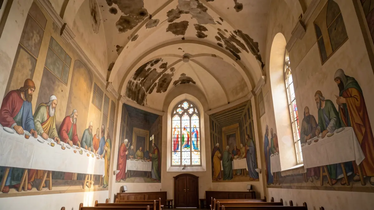 Interior de la Capella del Sant Crist amb pintures modernistes i signes de deteriorament per humitats.