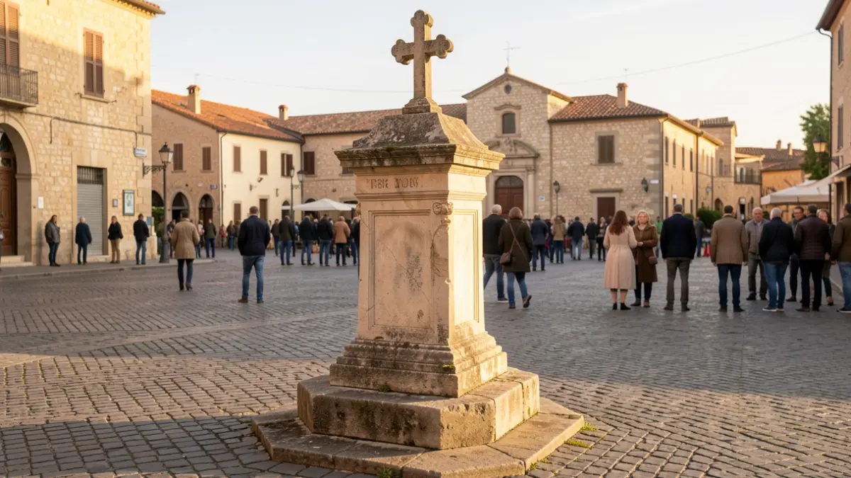 Generic image of a stone monument with a cross, located in a public square with warm lighting.