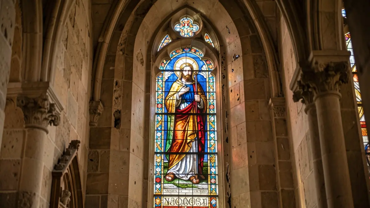 Restored stained glass window in the church of Sant Josep de Cal Pons, Puig-reig.