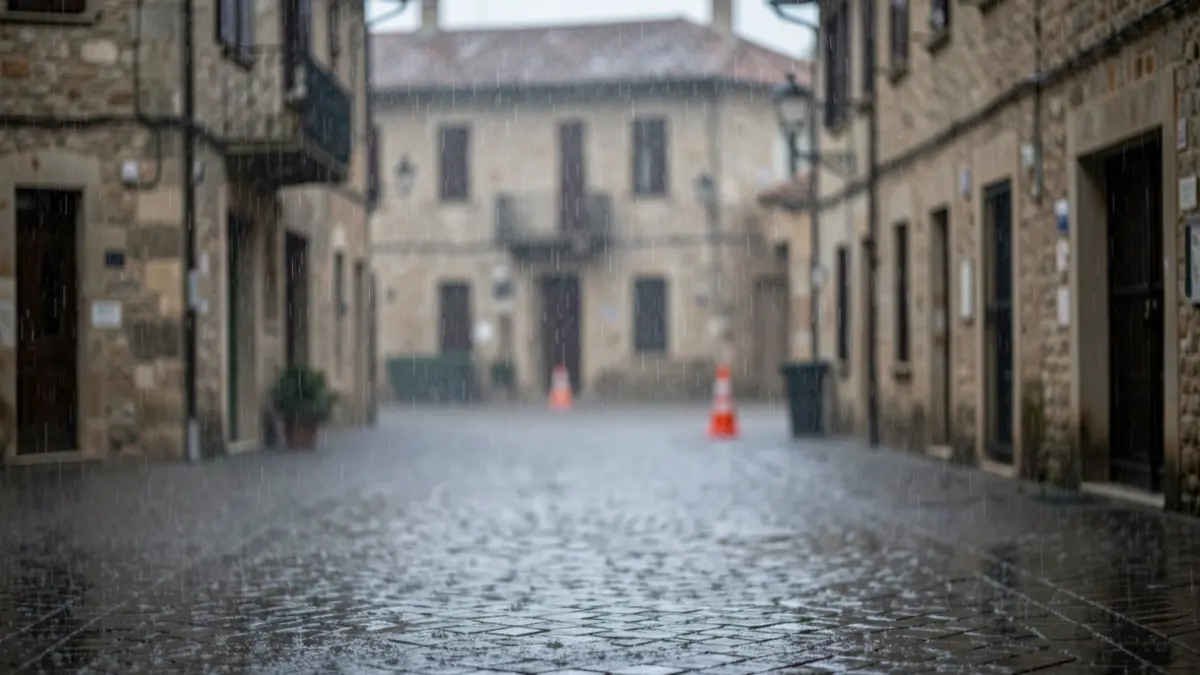 Imagen genérica de lluvia intensa en un entorno urbano mediterráneo con señales de restricción.
