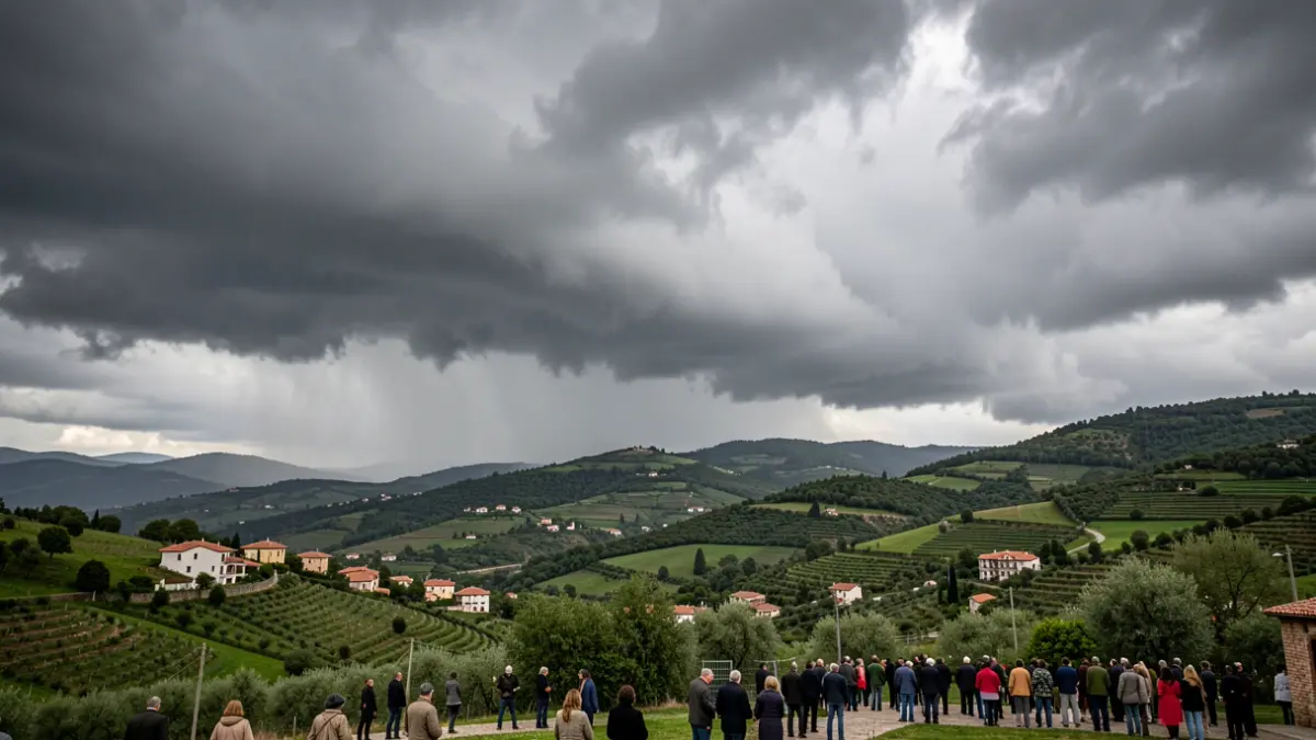 Imagen genérica de nubes de tormenta sobre un paisaje catalán con lluvia intensa.