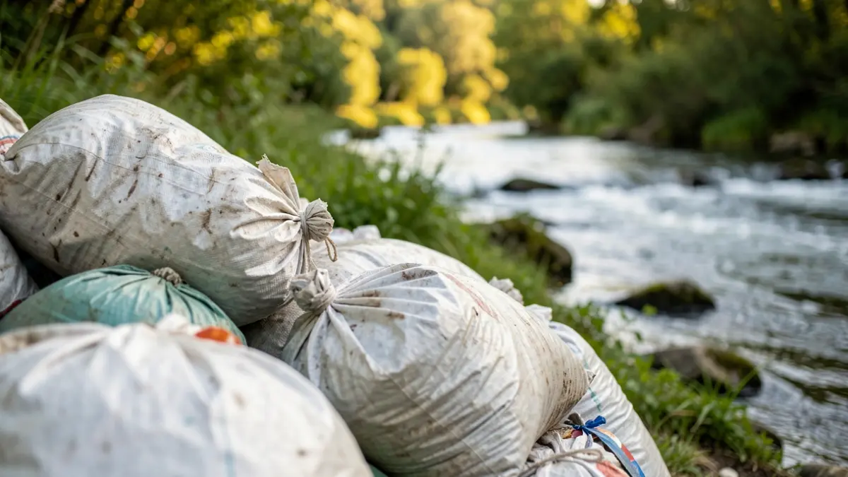 Industrial waste bags collected on the banks of the Baix Ter river.